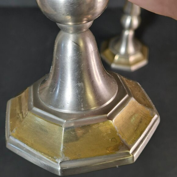 Vintage Pair 10" Solid Brass Two-tone Taper Candle Candlestick Holders India - Picture 6 of 12